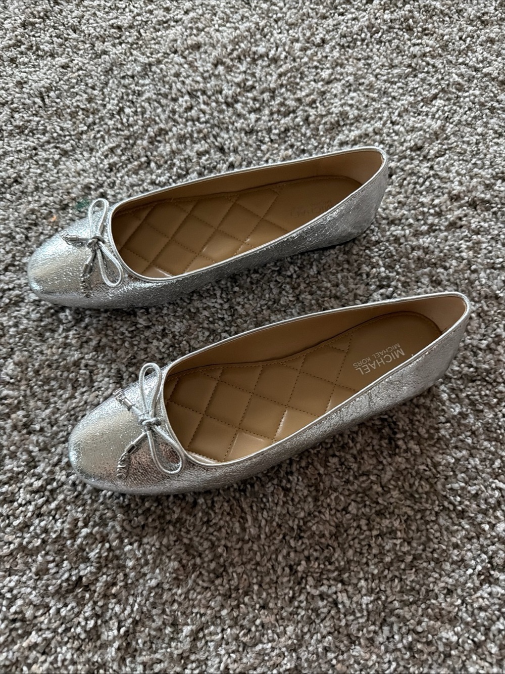 MICHAEL Michael Kors Metallic Silver Quilted Ballet Flats with Bow